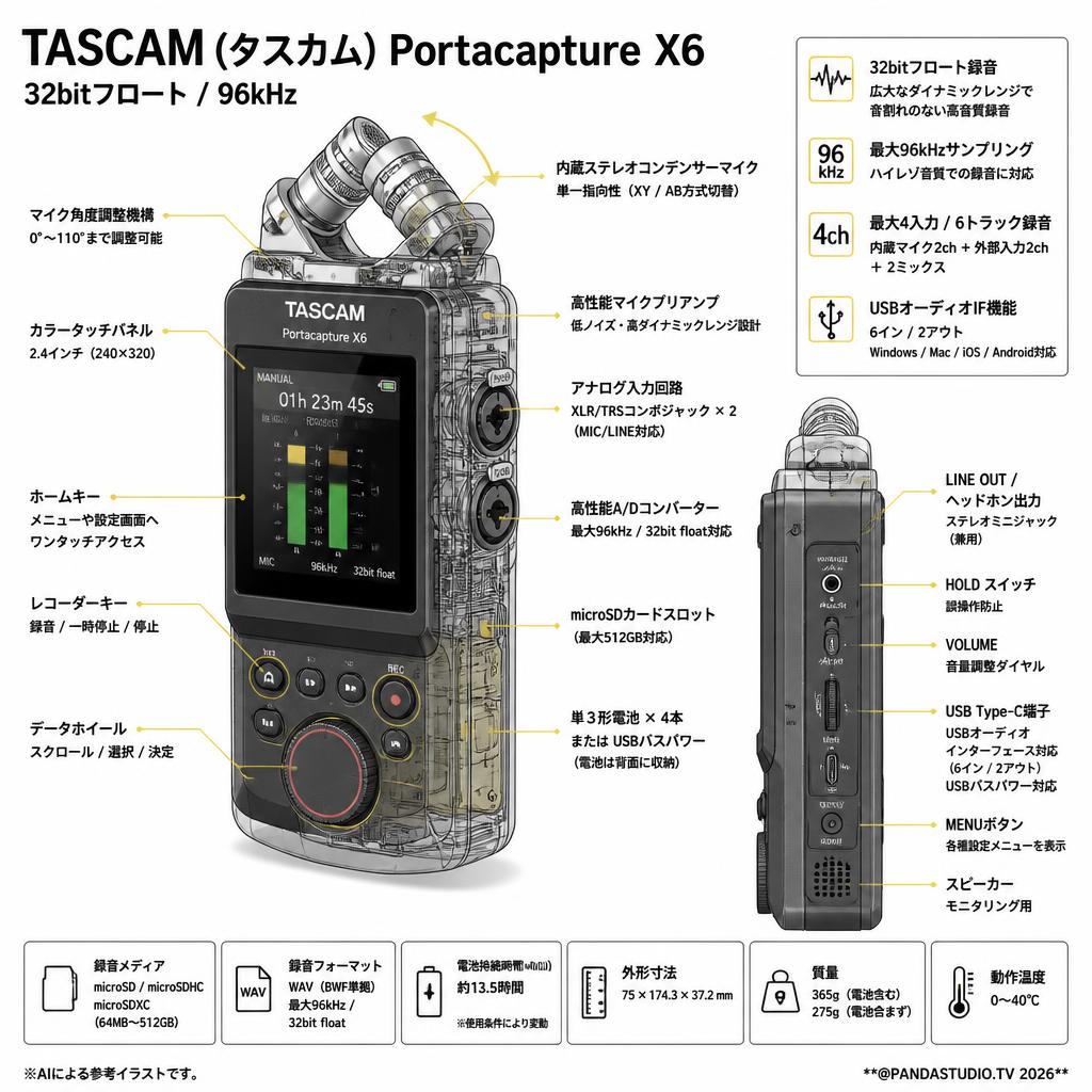 TASCAM (タスカム) Portacapture X6 32bitフロート 96kHz スペック
