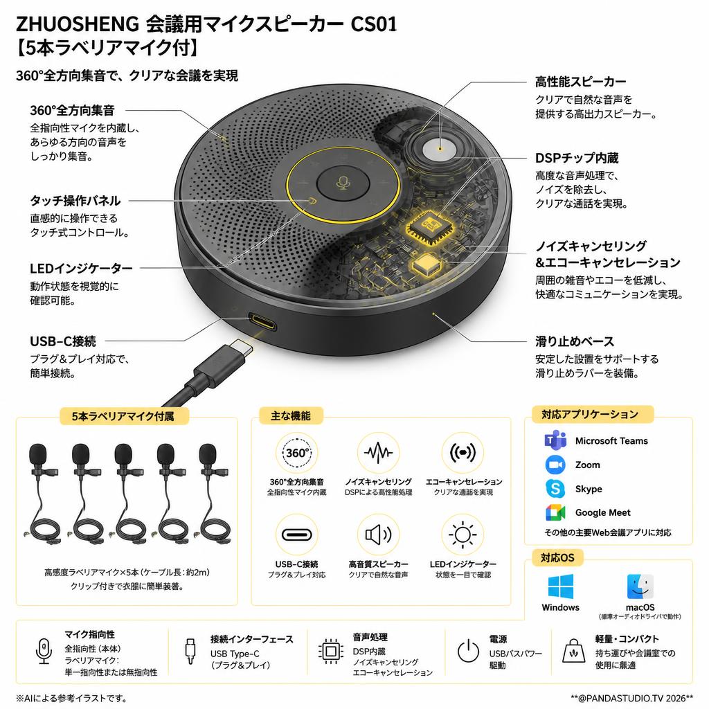 ZHUOSHENG 会議用マイクスピーカー CS01【5本ラベリアマイク付 】 全指向性マイク/USB-C接続 /ノイズキャンセリング/360°全方向集音 Teams/Skype/Zoom通話アプリ対応 スペック