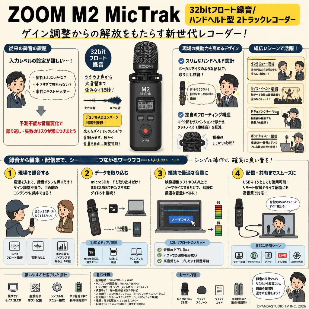 ZOOM M2 MicTrak 32bitフロート録音/ ハンドヘルド型 2トラックレコーダー 概要