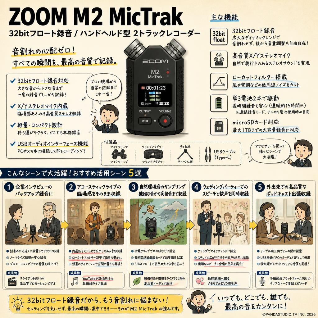 ZOOM M2 MicTrak 32bitフロート録音/ ハンドヘルド型 2トラックレコーダー 用途