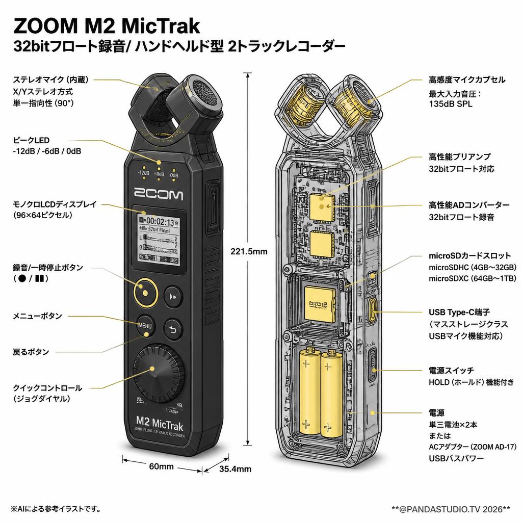 ZOOM M2 MicTrak 32bitフロート録音/ ハンドヘルド型 2トラックレコーダー スペック