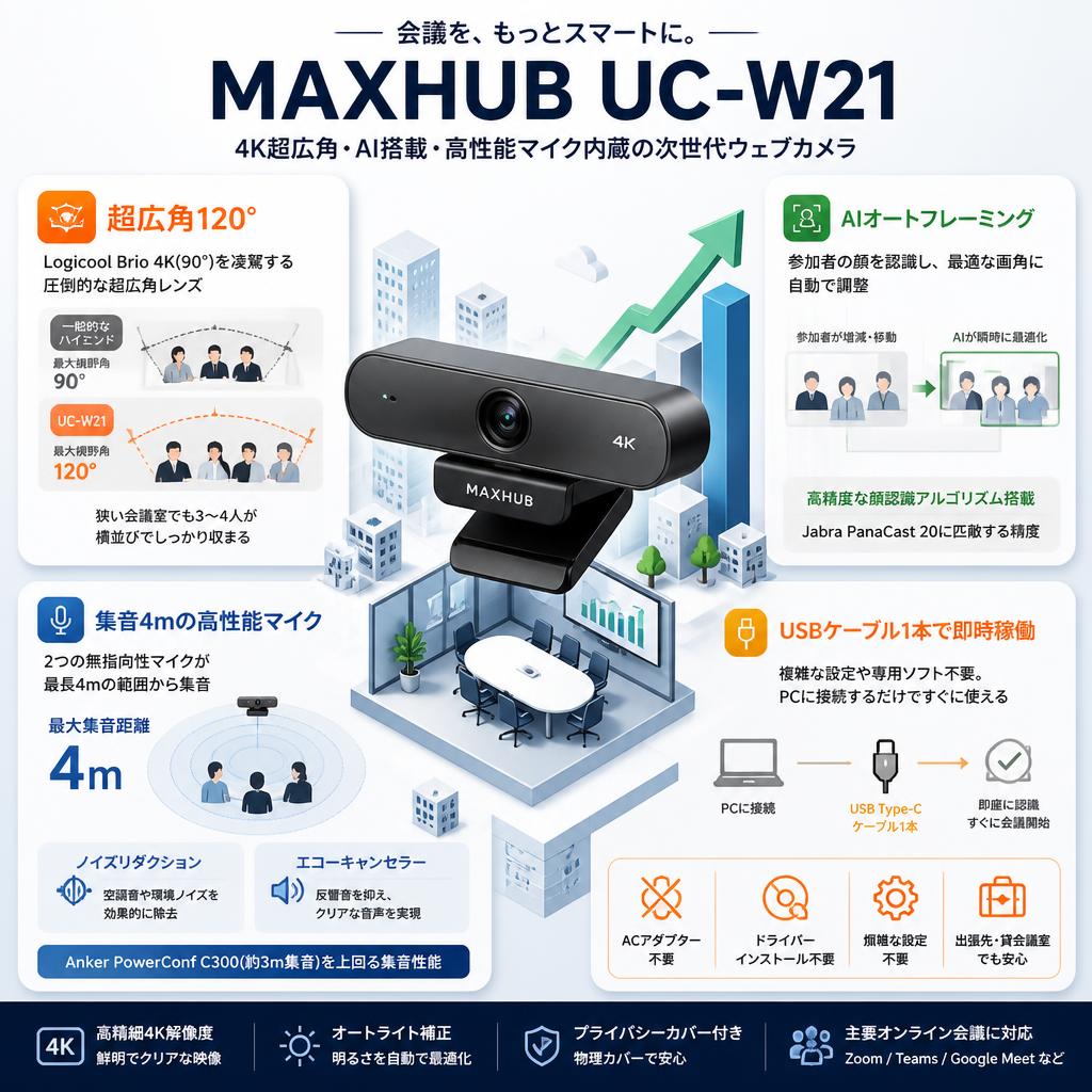 ウェブカメラ MAXHUB ‎UC-W21 会議用 広角 4K  (集音4ｍの高性能マイク内蔵) オートフレーミング ノイズリダクション セールスポイント