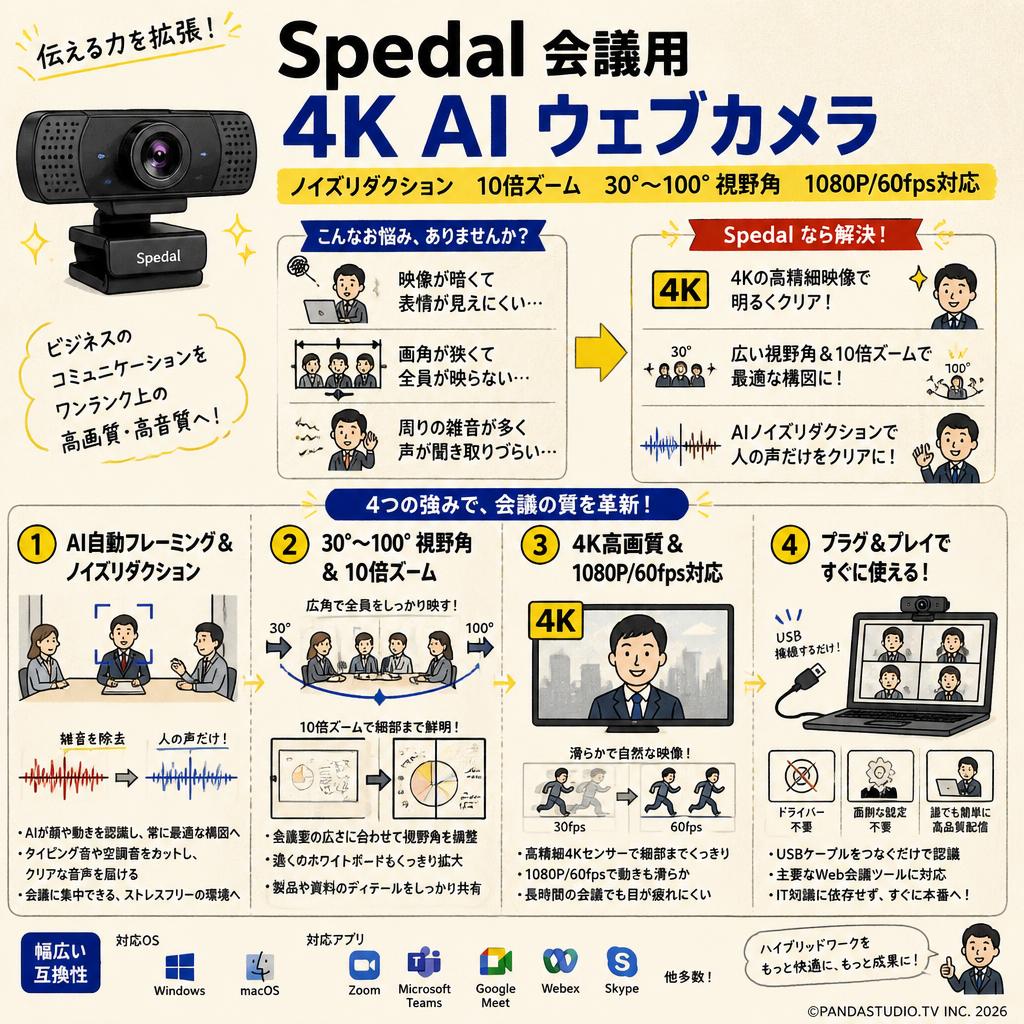 Spedal 会議用 4K AI ウェブカメラ ノイズリダクション 10倍ズーム 30°∼100° 視野角 1080P/60fps対応 概要