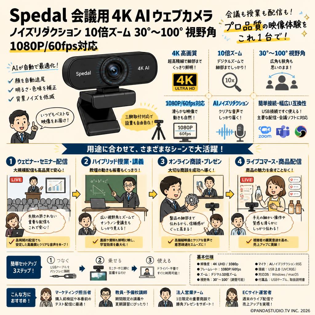 Spedal 会議用 4K AI ウェブカメラ ノイズリダクション 10倍ズーム 30°∼100° 視野角 1080P/60fps対応 おもな対象のお客様