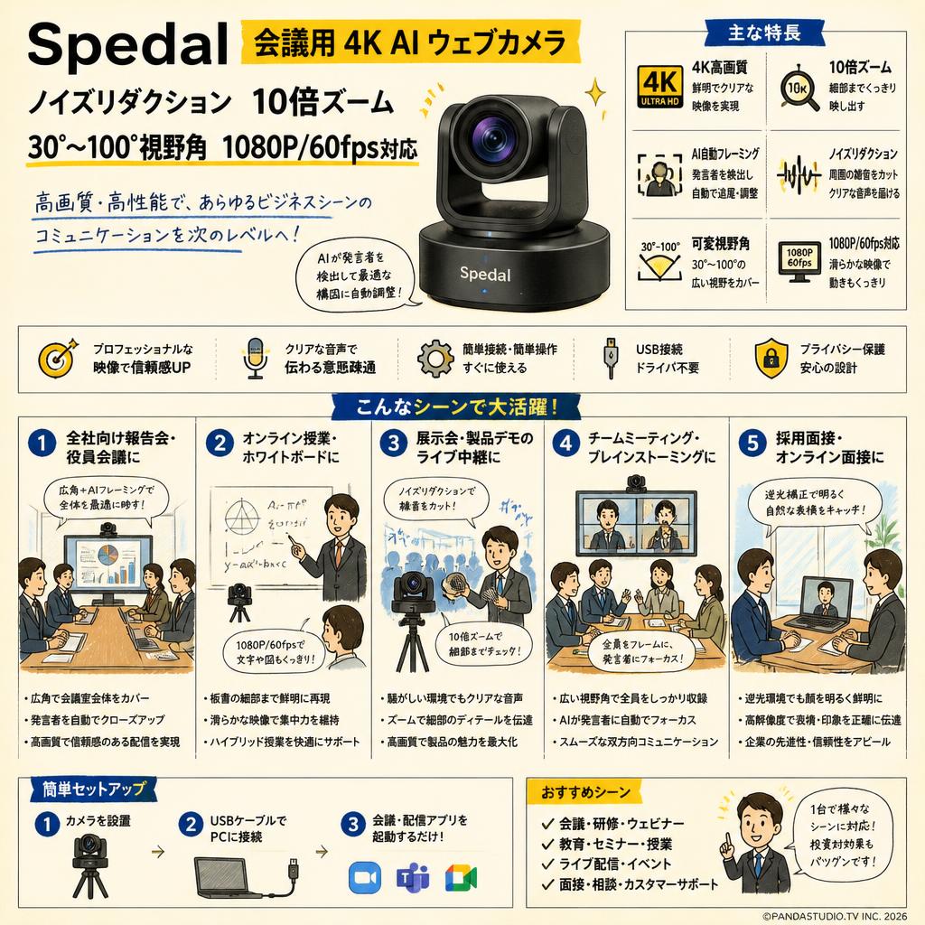 Spedal 会議用 4K AI ウェブカメラ ノイズリダクション 10倍ズーム 30°∼100° 視野角 1080P/60fps対応 用途