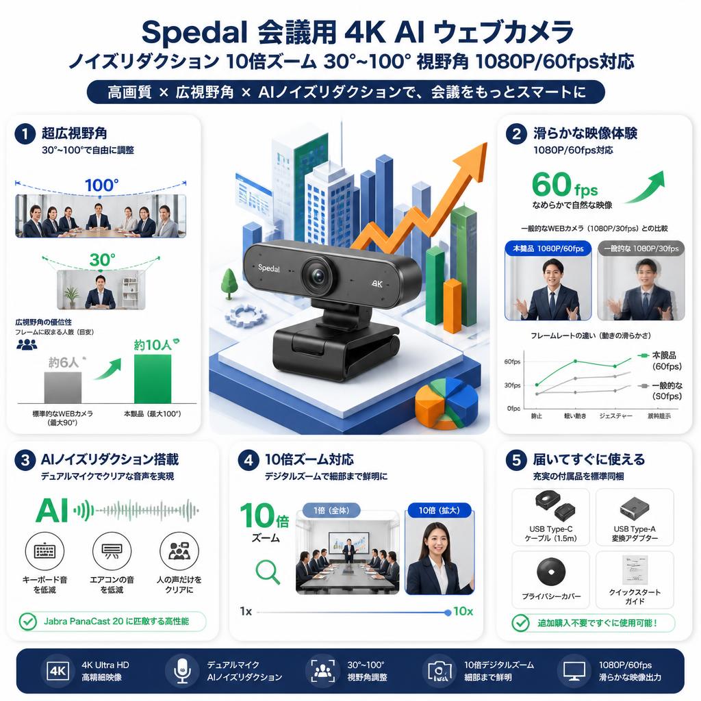 Spedal 会議用 4K AI ウェブカメラ ノイズリダクション 10倍ズーム 30°∼100° 視野角 1080P/60fps対応 セールスポイント