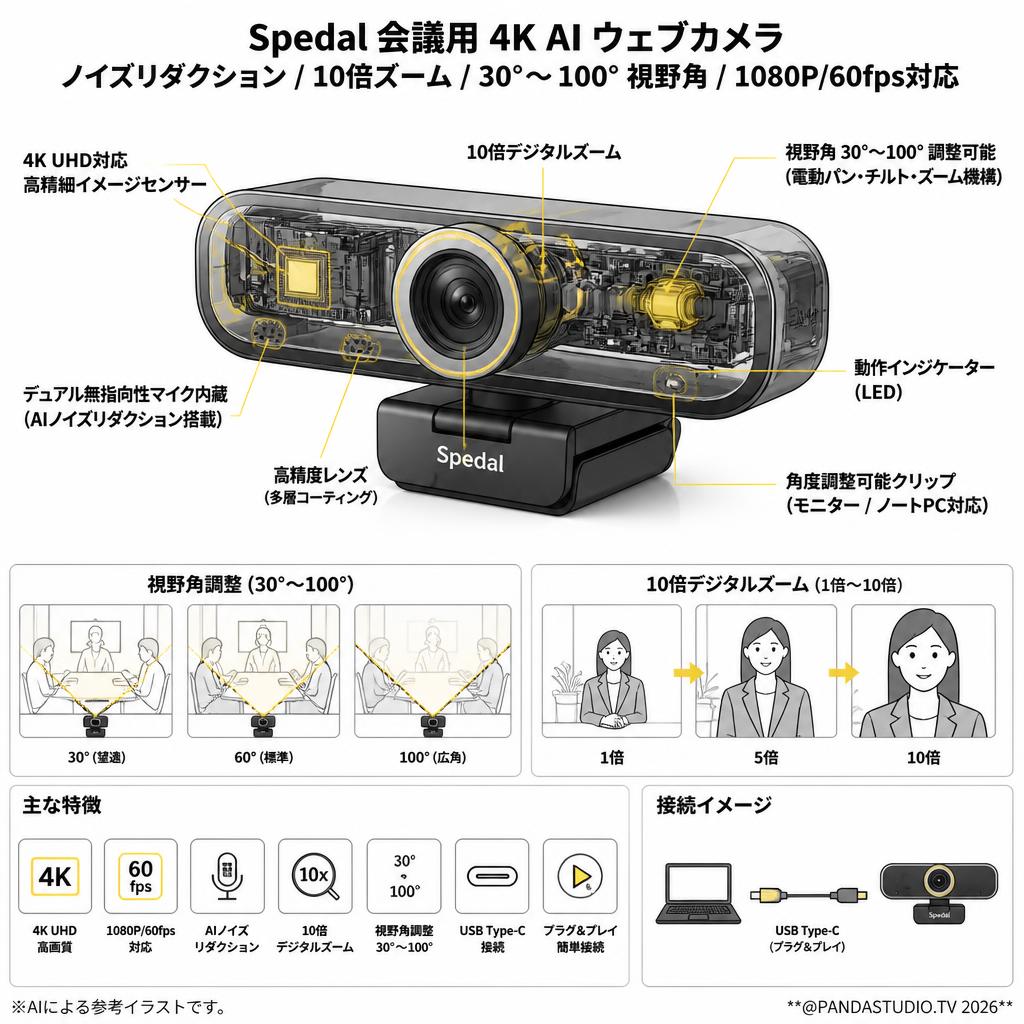 Spedal 会議用 4K AI ウェブカメラ ノイズリダクション 10倍ズーム 30°∼100° 視野角 1080P/60fps対応 スペック