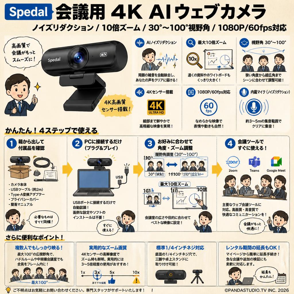 Spedal 会議用 4K AI ウェブカメラ ノイズリダクション 10倍ズーム 30°∼100° 視野角 1080P/60fps対応 FAQ（よくある質問と答え）
