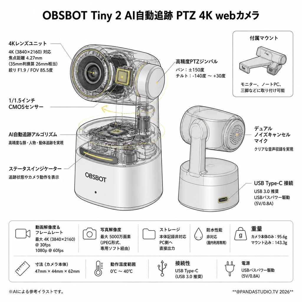 OBSBOT Tiny 2 AI自動追跡 PTZ 4K webカメラ スペック