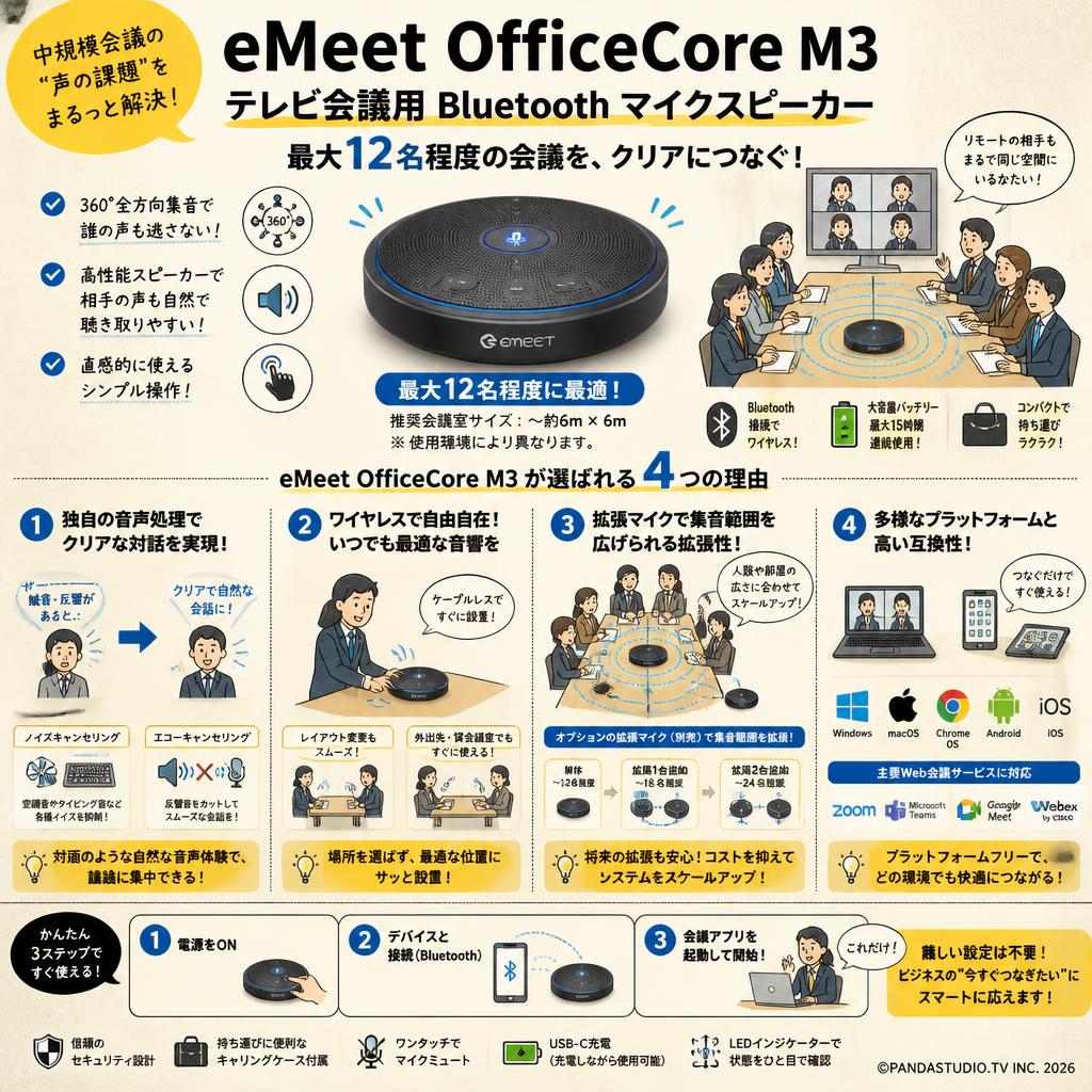 eMeet OfficeCore M3  テレビ会議用 Bluetooth マイクスピーカー 最大12名程度 概要