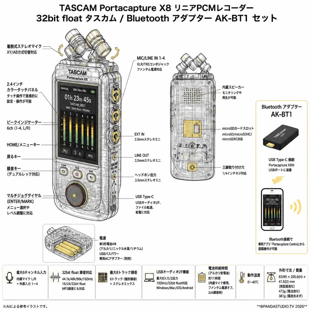 TASCAM Portacapture X8 リニアPCMレコーダー　32bit float タスカム / Bluetooth  アダプター AK-BT1 セット スペック