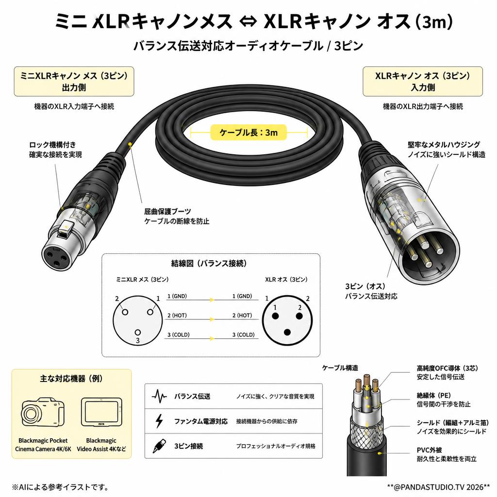 ミニXLRキャノンメス ⇔ XLRキャノン オス (3m) スペック