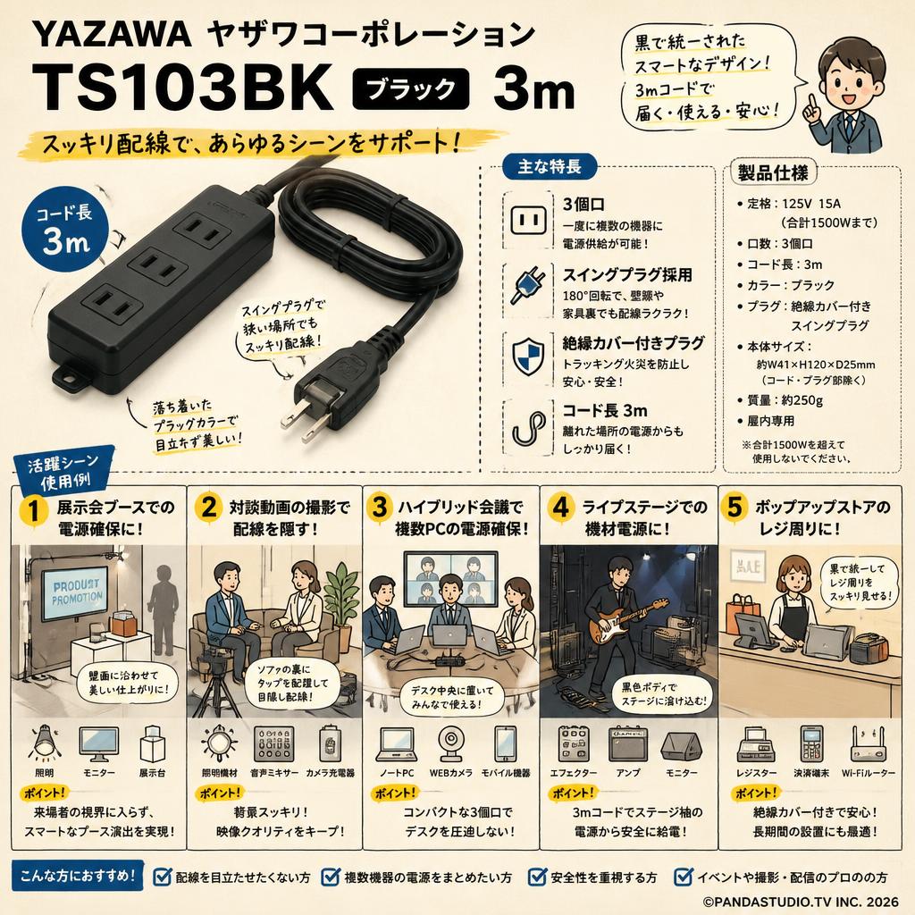 Yazawa ヤザワコーポレーション TS103BK [ブラック] 3m 用途