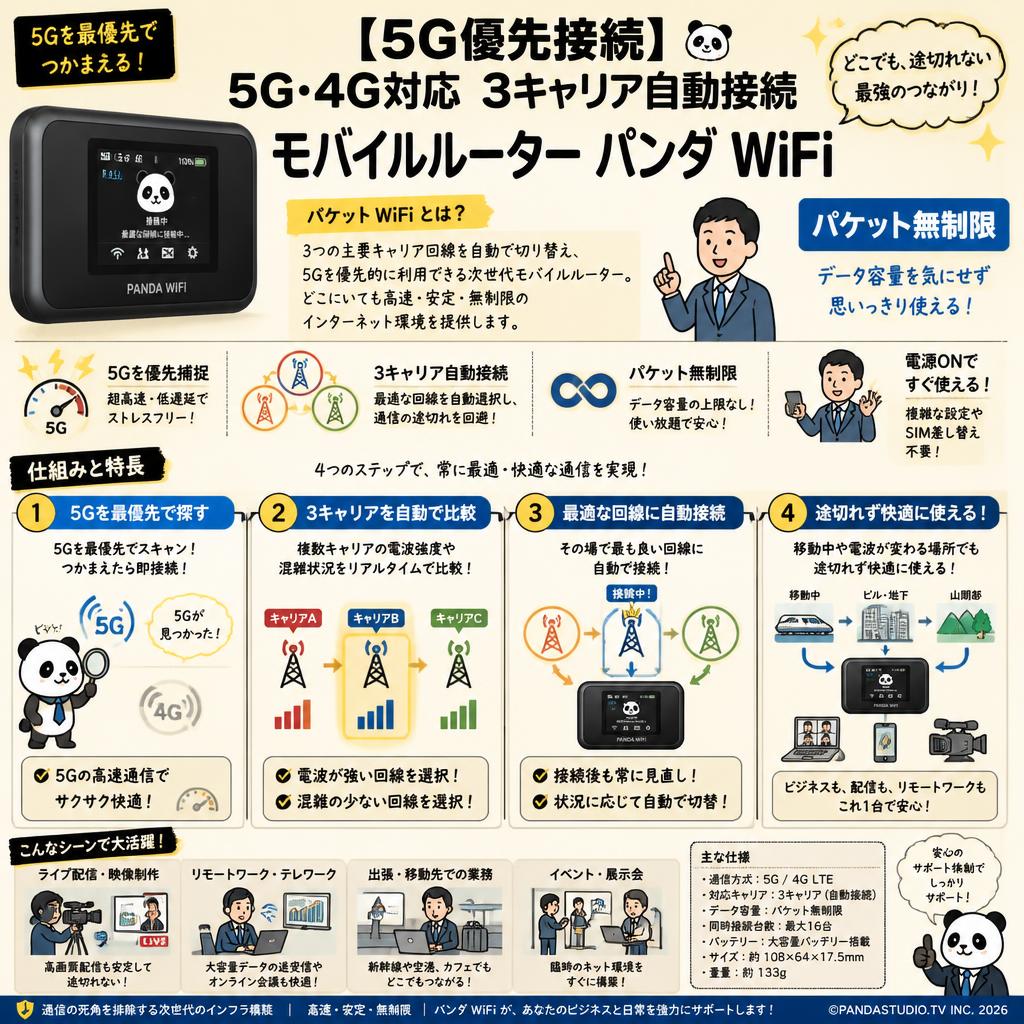 【5G優先接続】5G・4G対応 3キャリア自動接続 モバイルルーター パンダ WiFi（パケット無制限） 概要