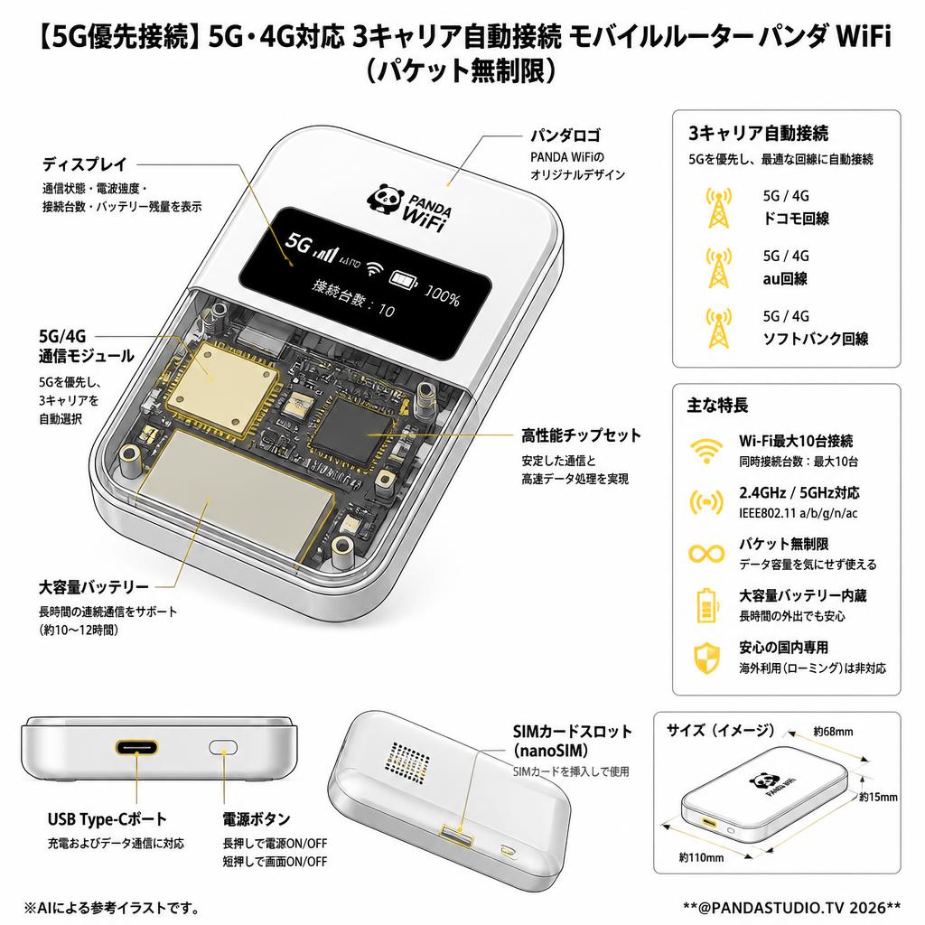 【5G優先接続】5G・4G対応 3キャリア自動接続 モバイルルーター パンダ WiFi（パケット無制限） スペック