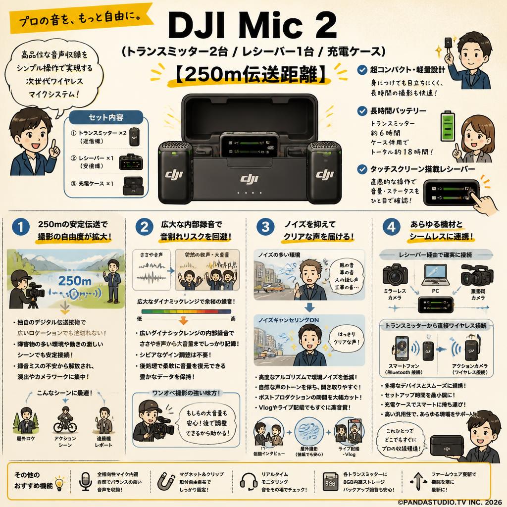 DJI Mic 2（トランスミッター2台 / レシーバー1台 / 充電ケース）【250m伝送距離 】 概要
