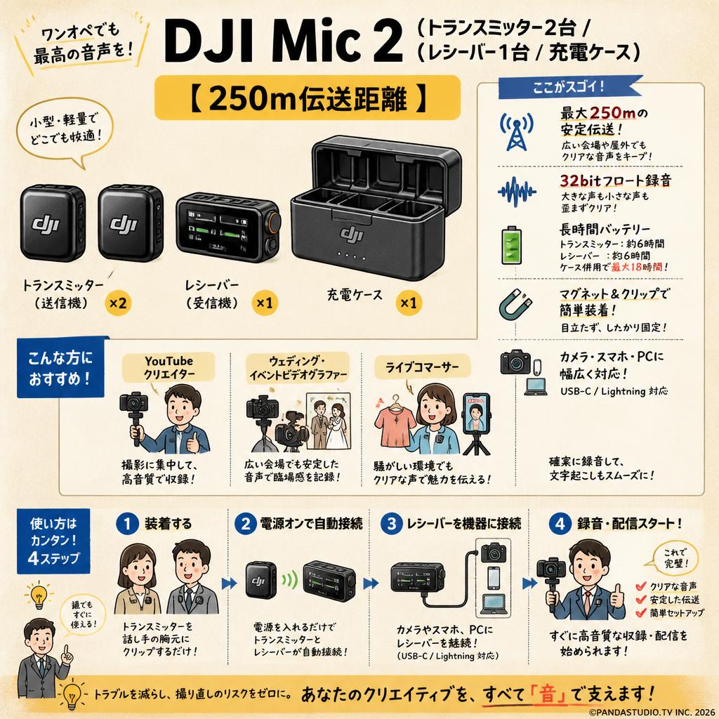 DJI Mic 2（トランスミッター2台 / レシーバー1台 / 充電ケース）【250m伝送距離 】 おもな対象のお客様