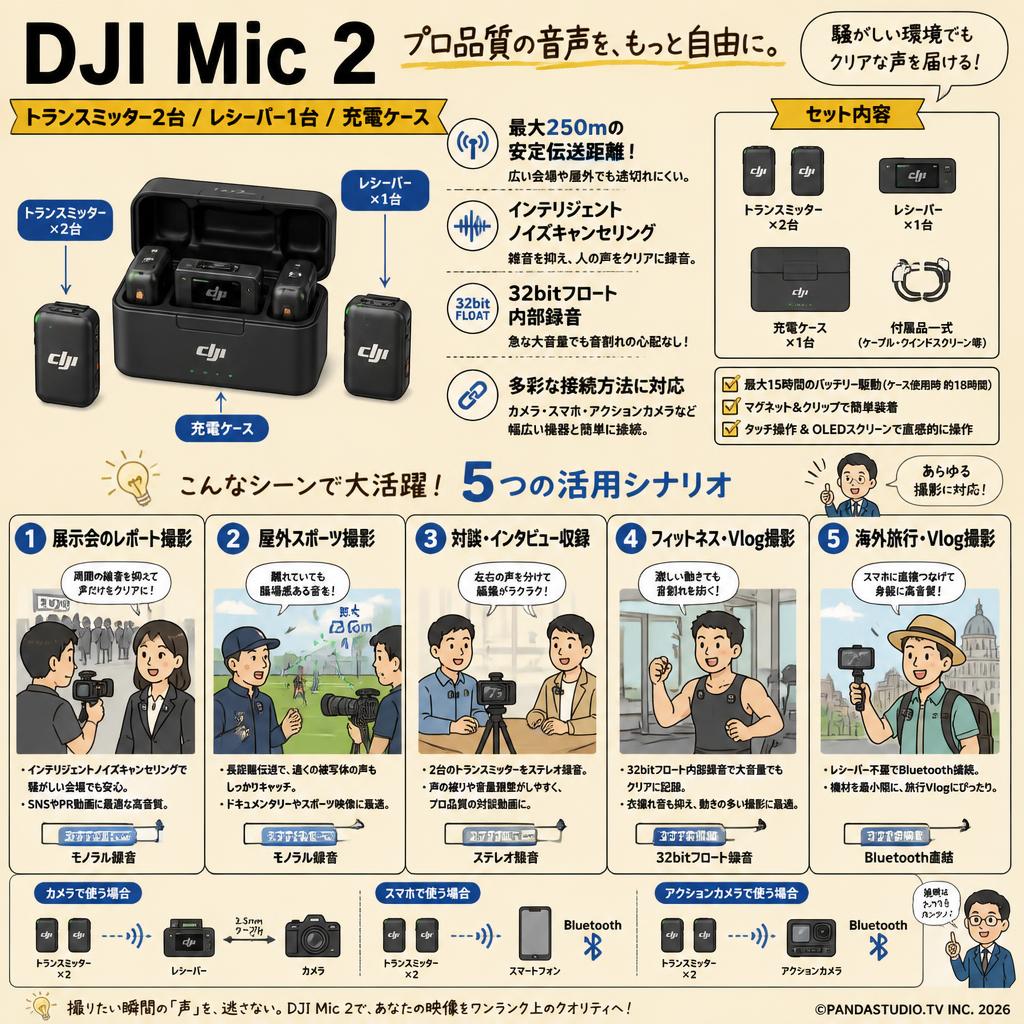 DJI Mic 2（トランスミッター2台 / レシーバー1台 / 充電ケース）【250m伝送距離 】 用途