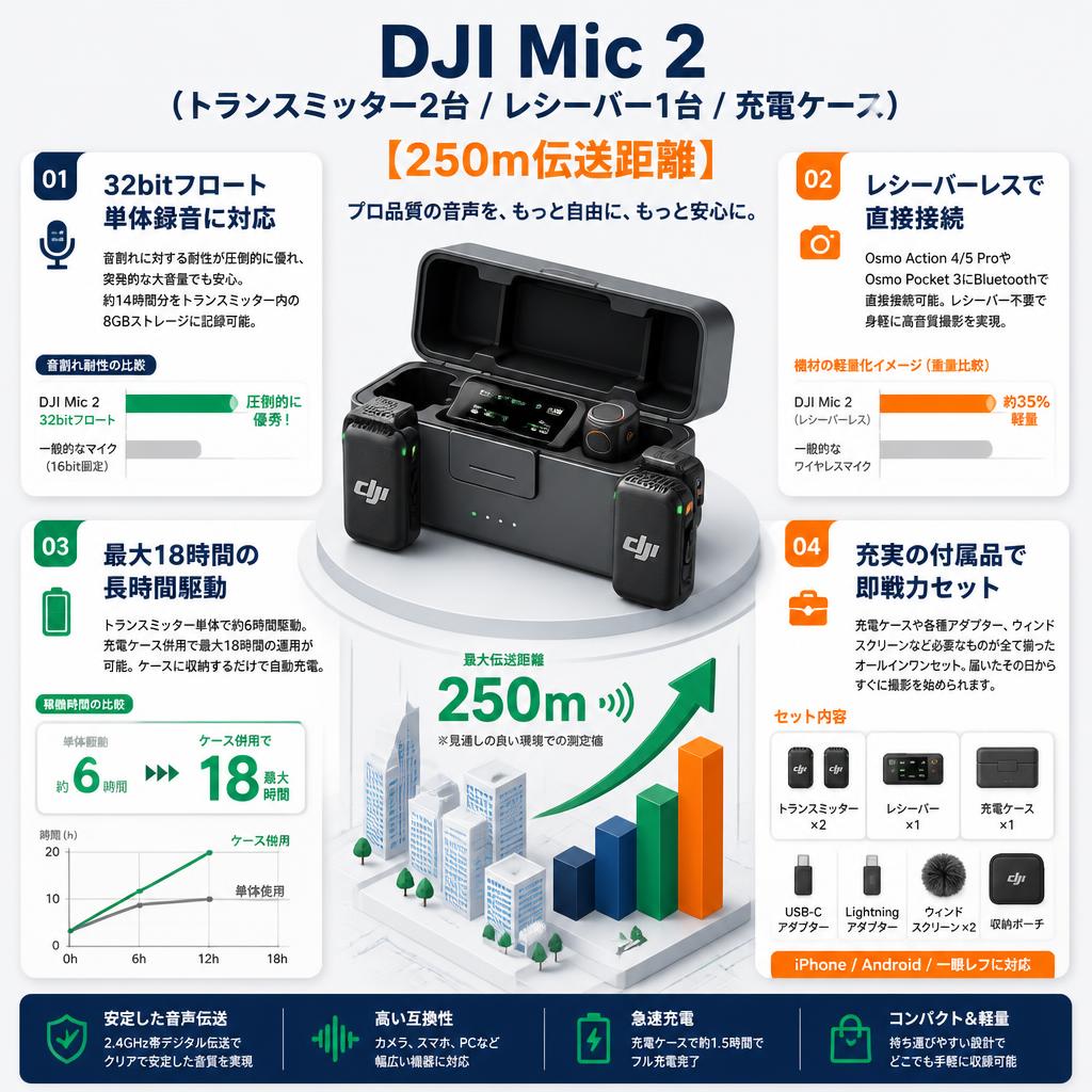 DJI Mic 2（トランスミッター2台 / レシーバー1台 / 充電ケース）【250m伝送距離 】 セールスポイント