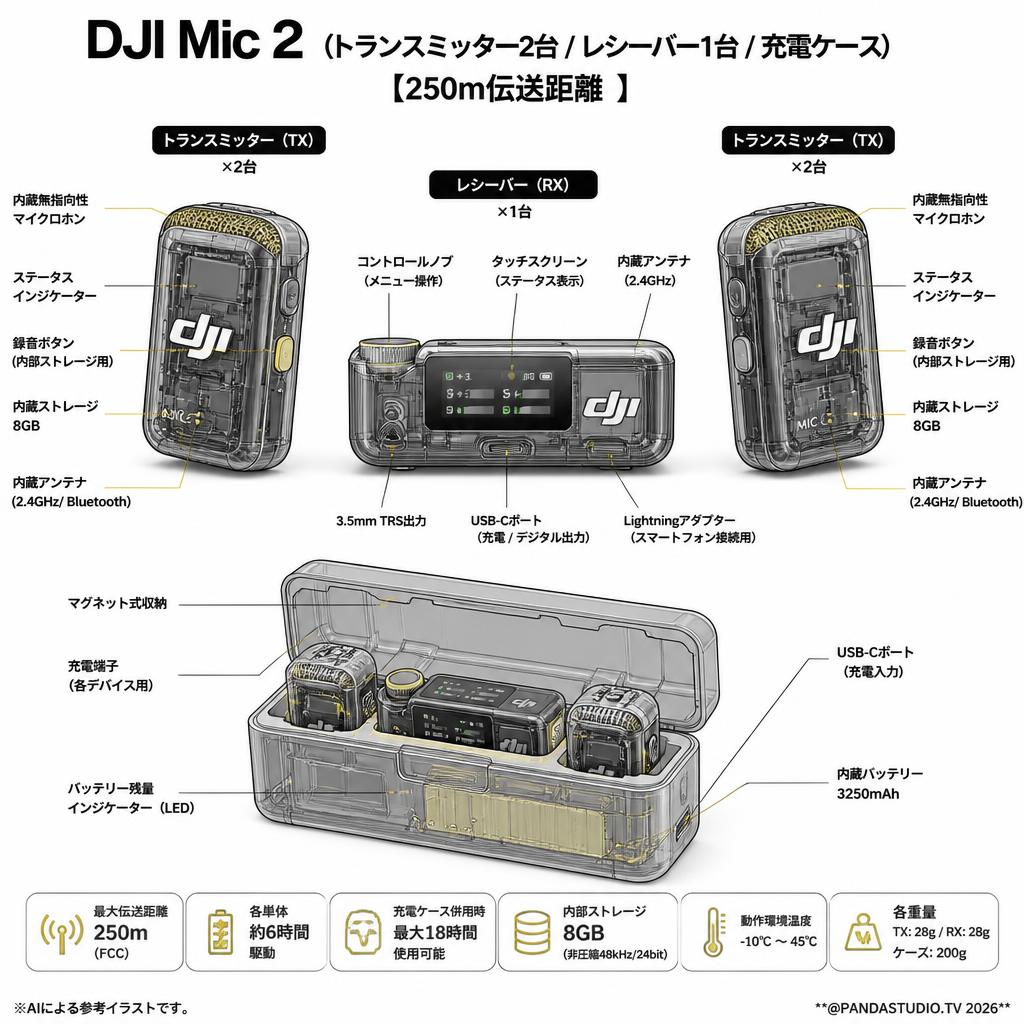 DJI Mic 2（トランスミッター2台 / レシーバー1台 / 充電ケース）【250m伝送距離 】 スペック