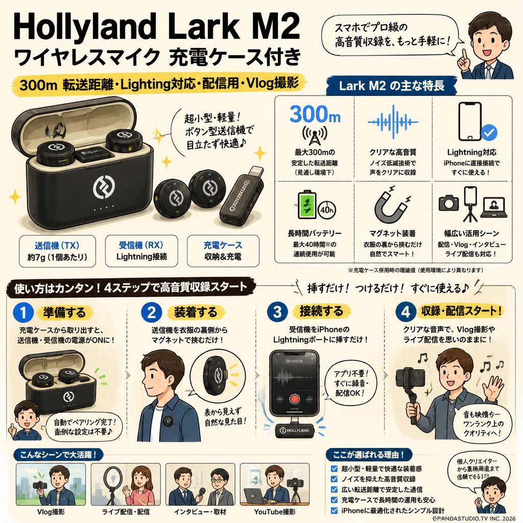 Hollyland Lark M2 ワイヤレスマイク 充電ケース付き 300ｍ 転送距離-Lighting対応-配信用-Vlog撮影 概要