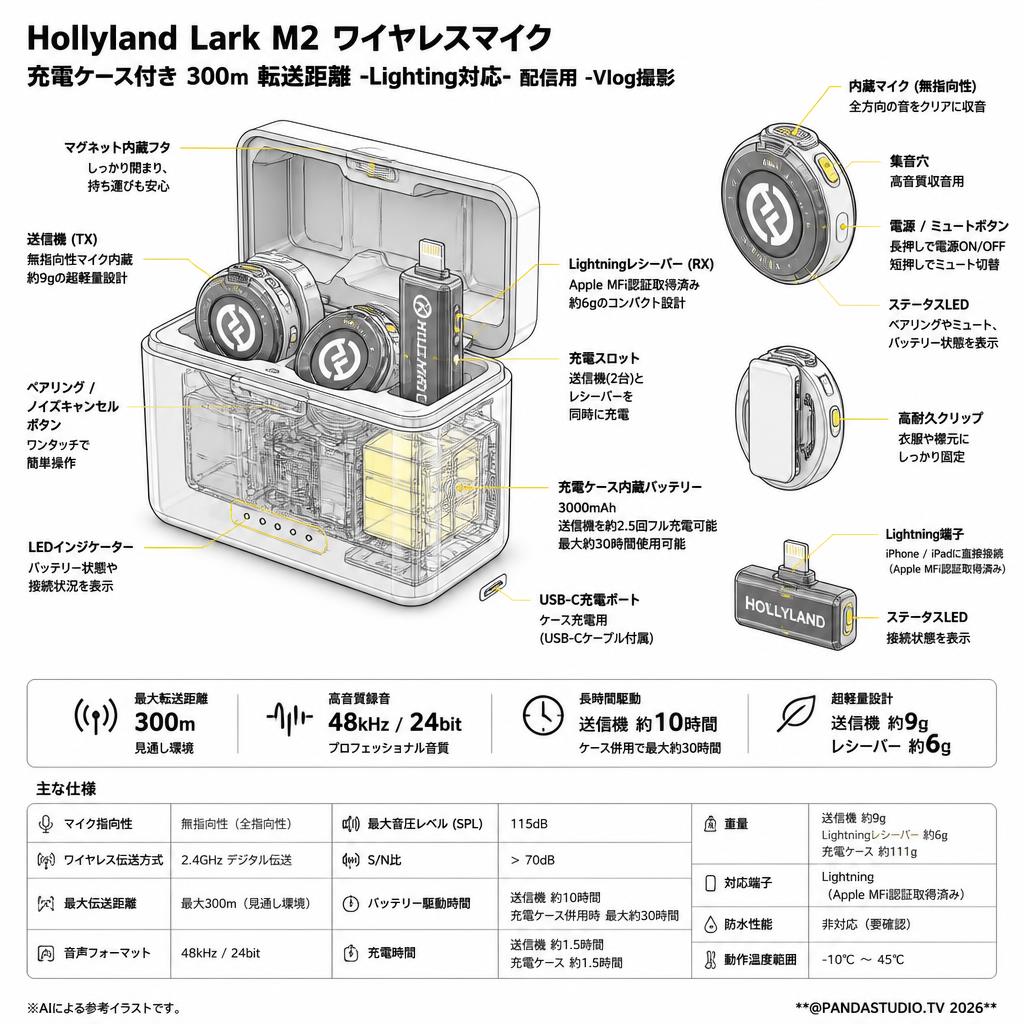 Hollyland Lark M2 ワイヤレスマイク 充電ケース付き 300ｍ 転送距離-Lighting対応-配信用-Vlog撮影 スペック