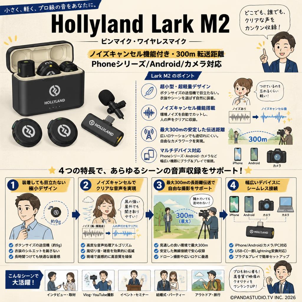 Hollyland Lark M2 -ピンマイク-ワイヤレスマイク -ノイズキャンセル機能付き-300ｍ 転送距離‐Phoneシリーズ/Android/カメラ対応 概要