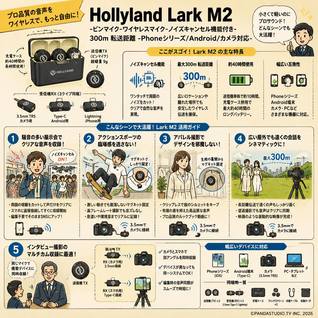 Hollyland Lark M2 -ピンマイク-ワイヤレスマイク -ノイズキャンセル機能付き-300ｍ 転送距離‐Phoneシリーズ/Android/カメラ対応 用途