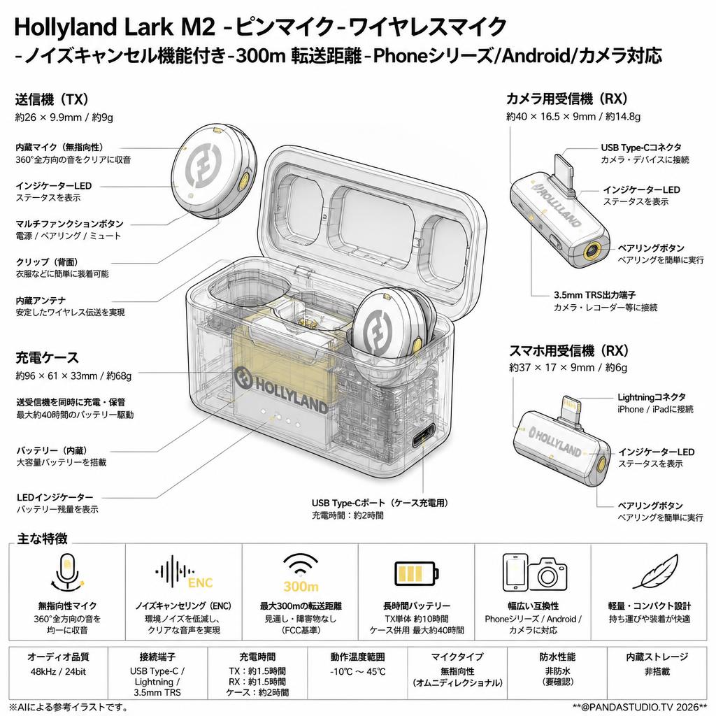 Hollyland Lark M2 -ピンマイク-ワイヤレスマイク -ノイズキャンセル機能付き-300ｍ 転送距離‐Phoneシリーズ/Android/カメラ対応 スペック