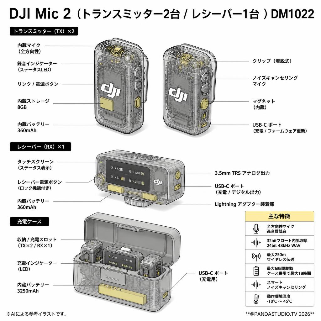 DJI Mic 2（トランスミッター2台 / レシーバー1台 ）DM1022 スペック