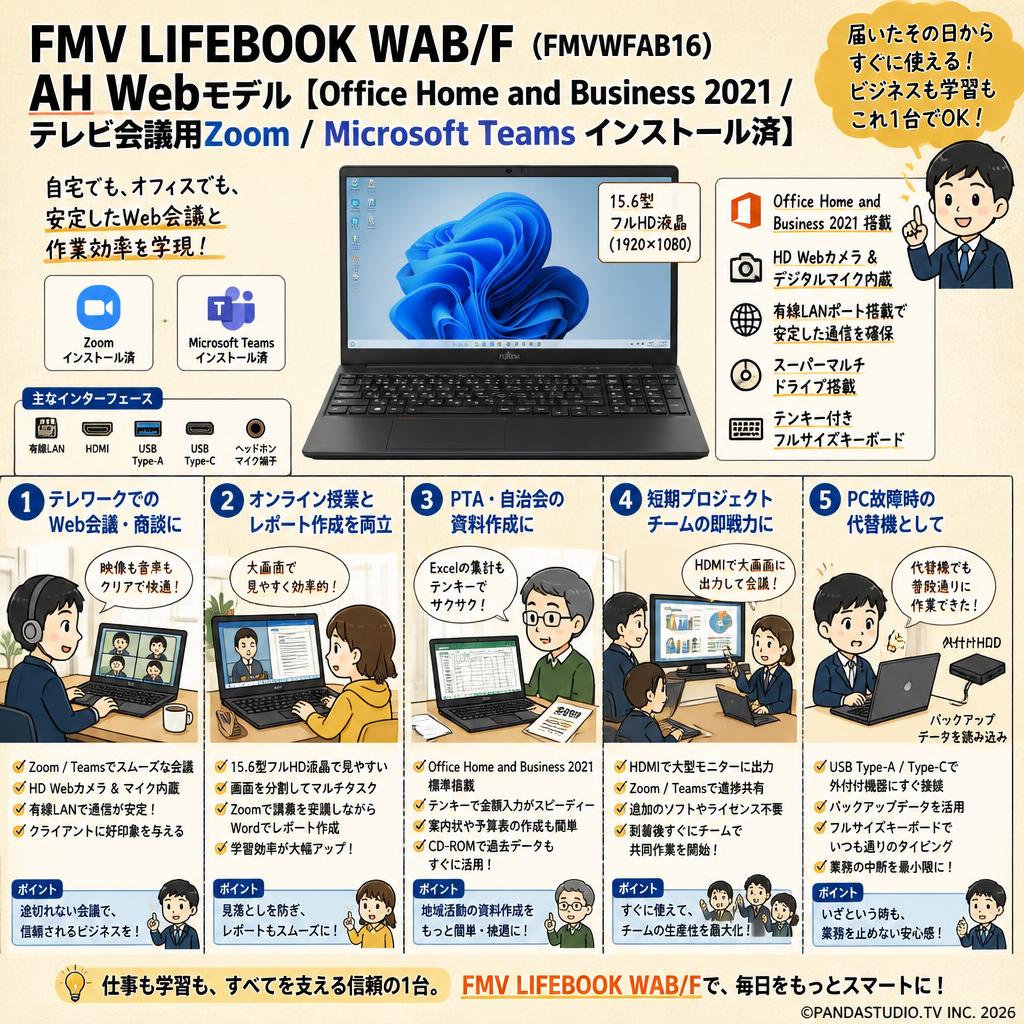 FMV LIFEBOOK WAB/F（FMVWFAB16）AH Webモデル【Office Home and Business 2021 / テレビ会議用Zoom / Microsoft Teams インストール済】 用途