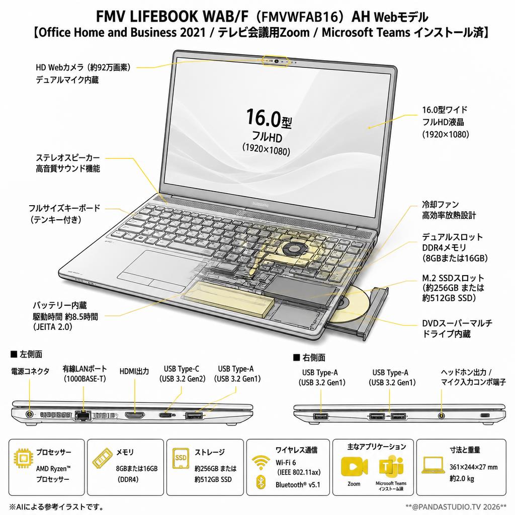FMV LIFEBOOK WAB/F（FMVWFAB16）AH Webモデル【Office Home and Business 2021 / テレビ会議用Zoom / Microsoft Teams インストール済】 スペック