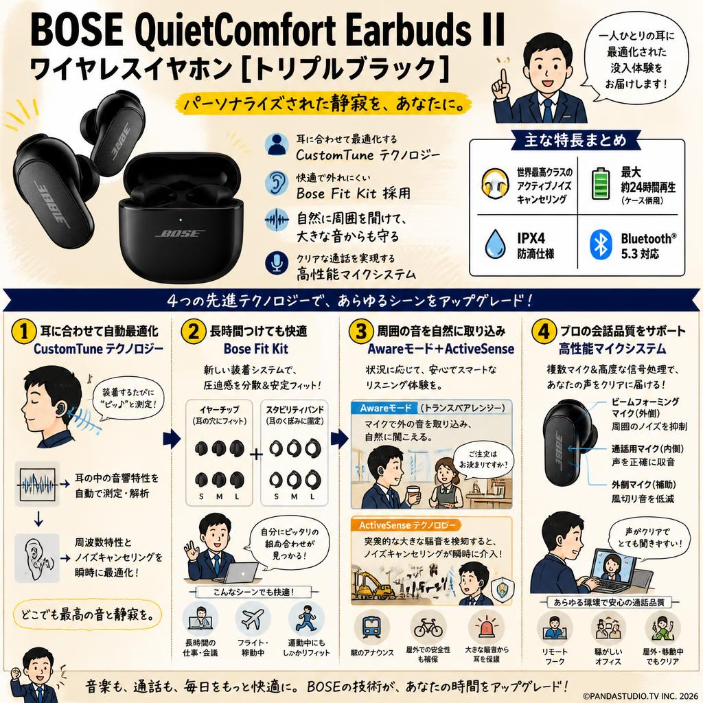 BOSE QuietComfort Earbuds II ワイヤレスイヤホン [トリプルブラック ] 概要