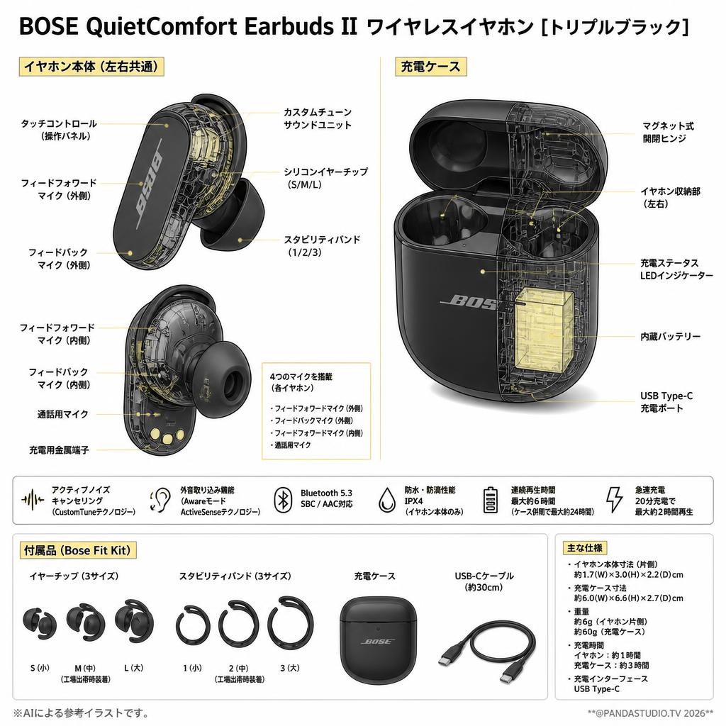 BOSE QuietComfort Earbuds II ワイヤレスイヤホン [トリプルブラック ] スペック