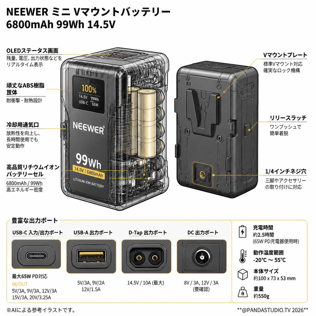 NEEWER ミニ Vマウントバッテリー 6800mAh 99Wh 14.5V スペック