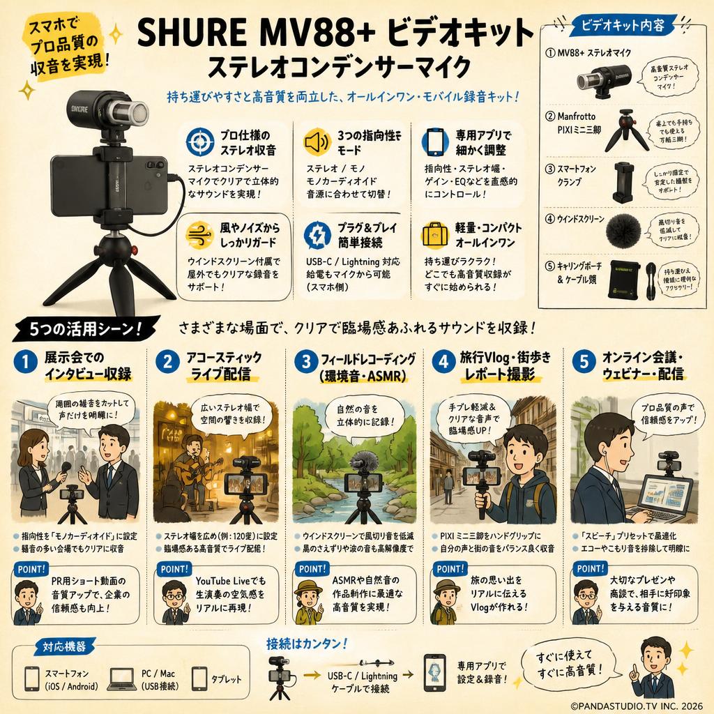 SHURE MV88+ ビデオキット ステレオコンデンサーマイク 用途