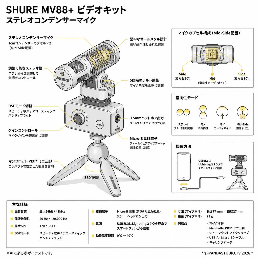 SHURE MV88+ ビデオキット ステレオコンデンサーマイク スペック