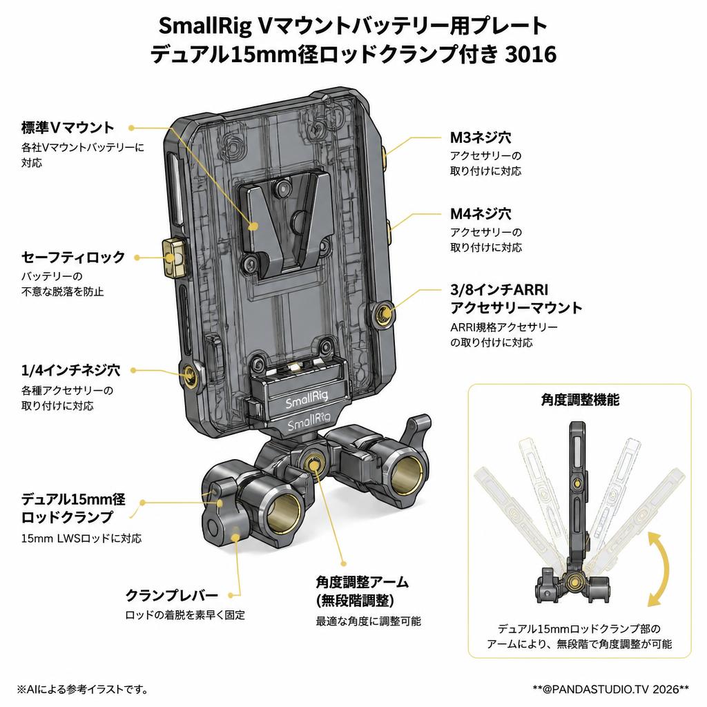 SmallRig Vマウントバッテリー用プレート デュアル15mm径ロッドクランプ付き 3016 スペック