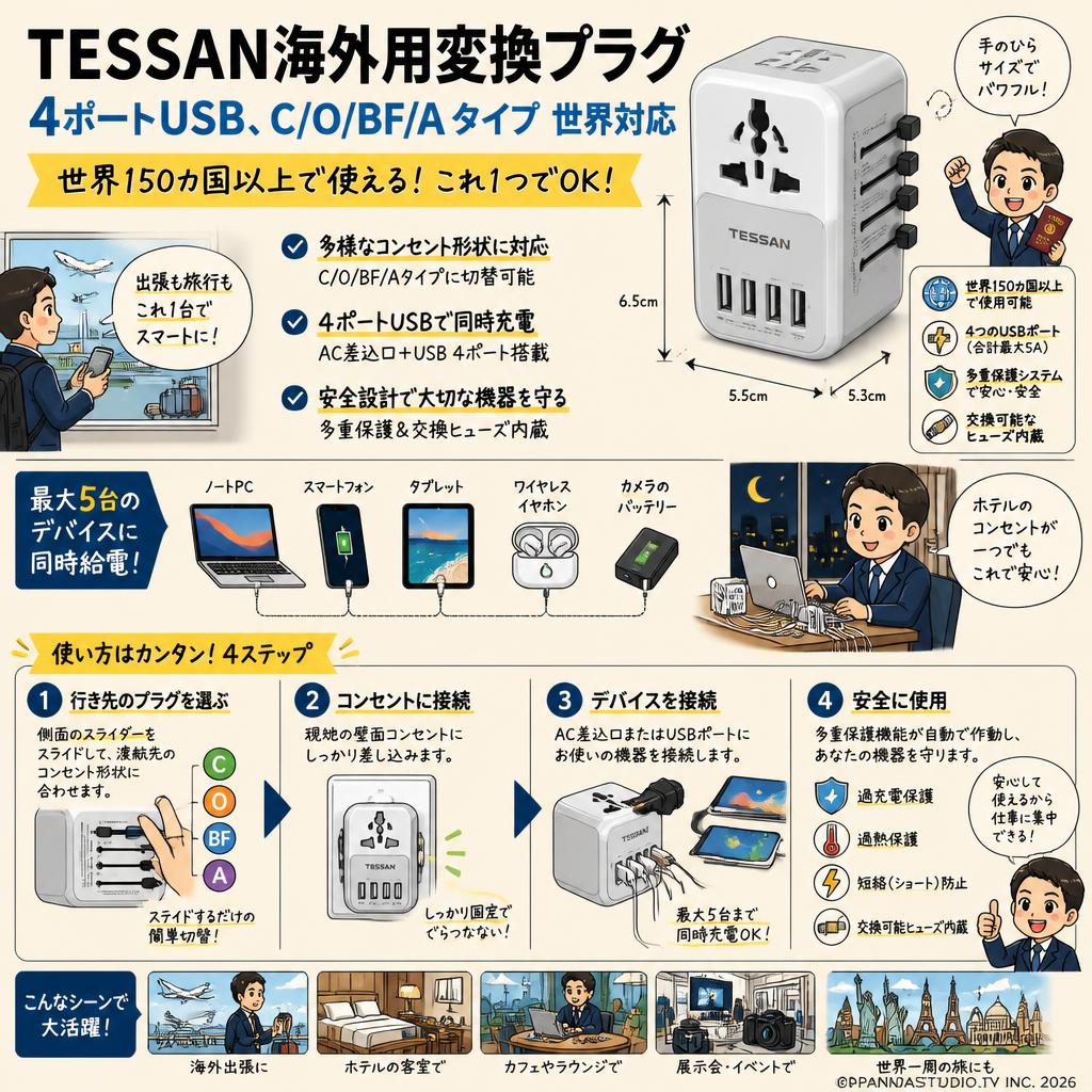 TESSAN海外用変換プラグ、4ポートUSB、C/O/BF/Aタイプ 世界対応 概要