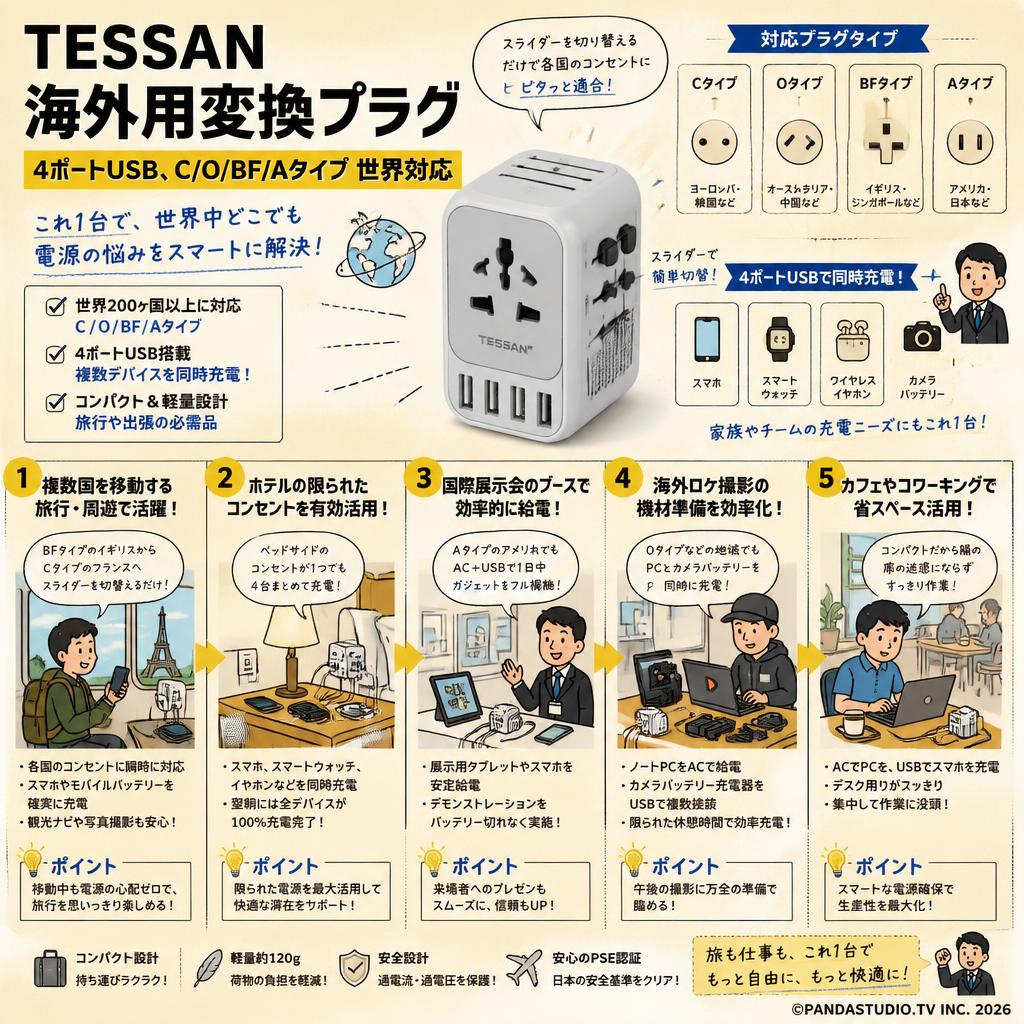 TESSAN海外用変換プラグ、4ポートUSB、C/O/BF/Aタイプ 世界対応 用途