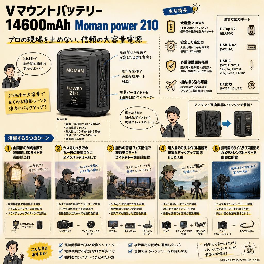 Vマウントバッテリー 14600mAh Moman power 210 用途