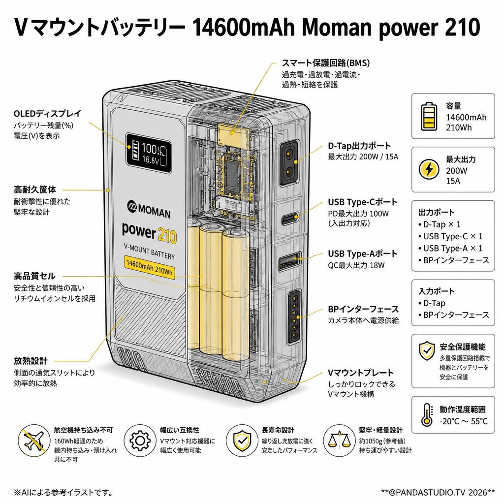 Vマウントバッテリー 14600mAh Moman power 210 スペック