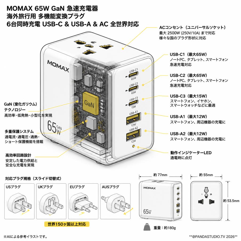 MOMAX 65W GaN 急速充電器 海外旅行用 多機能変換プラグ 6台充電 USB-C & USB-A & AC 全世界対応 スペック