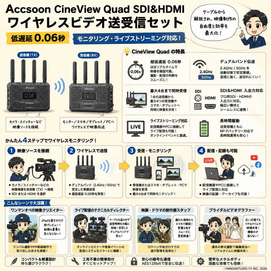 Accsoon CineView Quad SDI&HDMI ワイヤレスビデオ送受信セット 低遅延0.06秒【モニタリング ライブストリーミング対応】 おもな対象のお客様