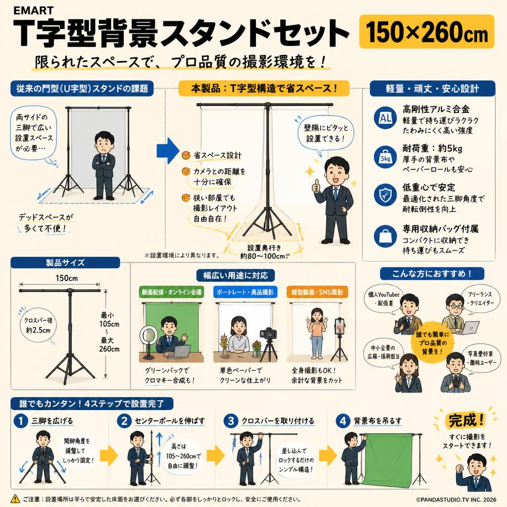 EMART T字型背景スタンドセット 150X260cm 概要