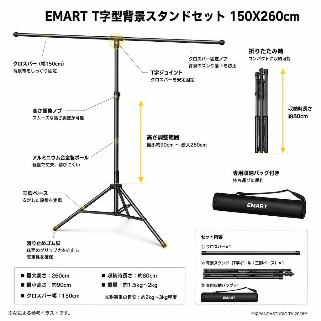 EMART T字型背景スタンドセット 150X260cm スペック