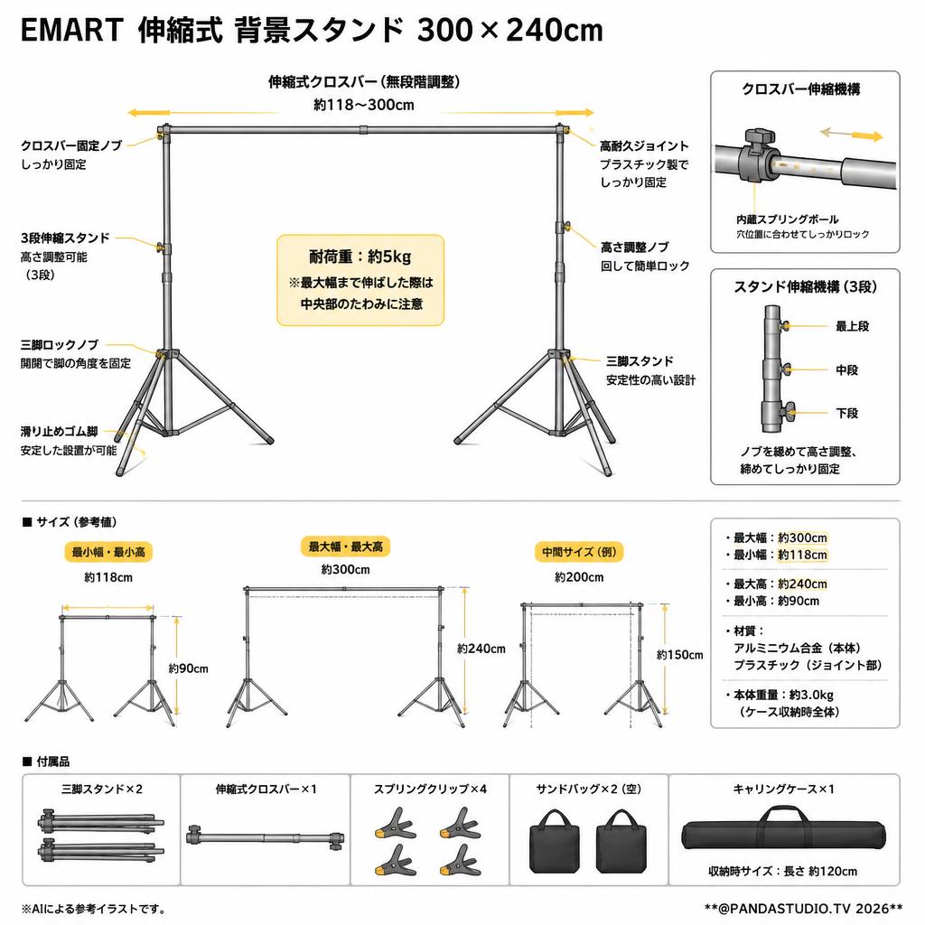 EMART 伸縮式 背景スタンド 300×240cm スペック