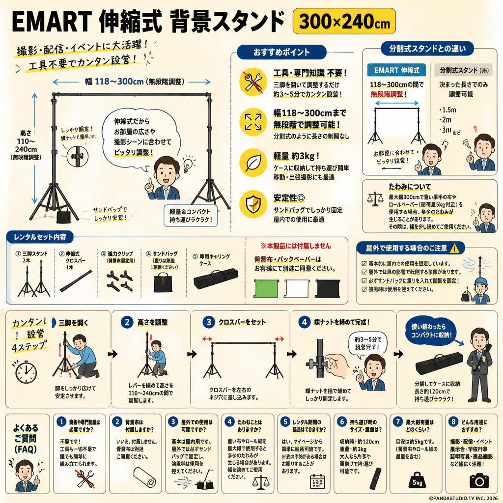 EMART 伸縮式 背景スタンド 300×240cm FAQ（よくある質問と答え）