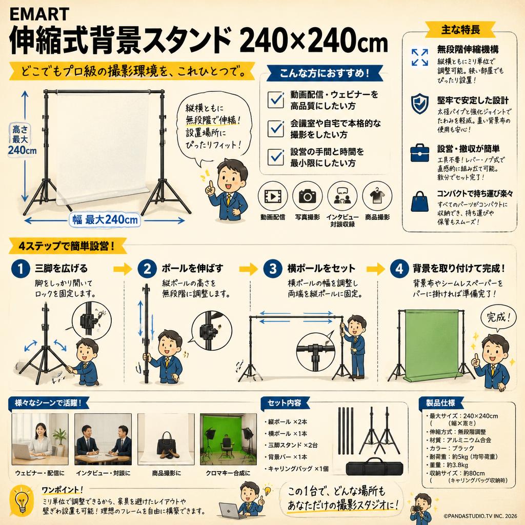 EMART  伸縮式背景スタンド 240×240cm 概要