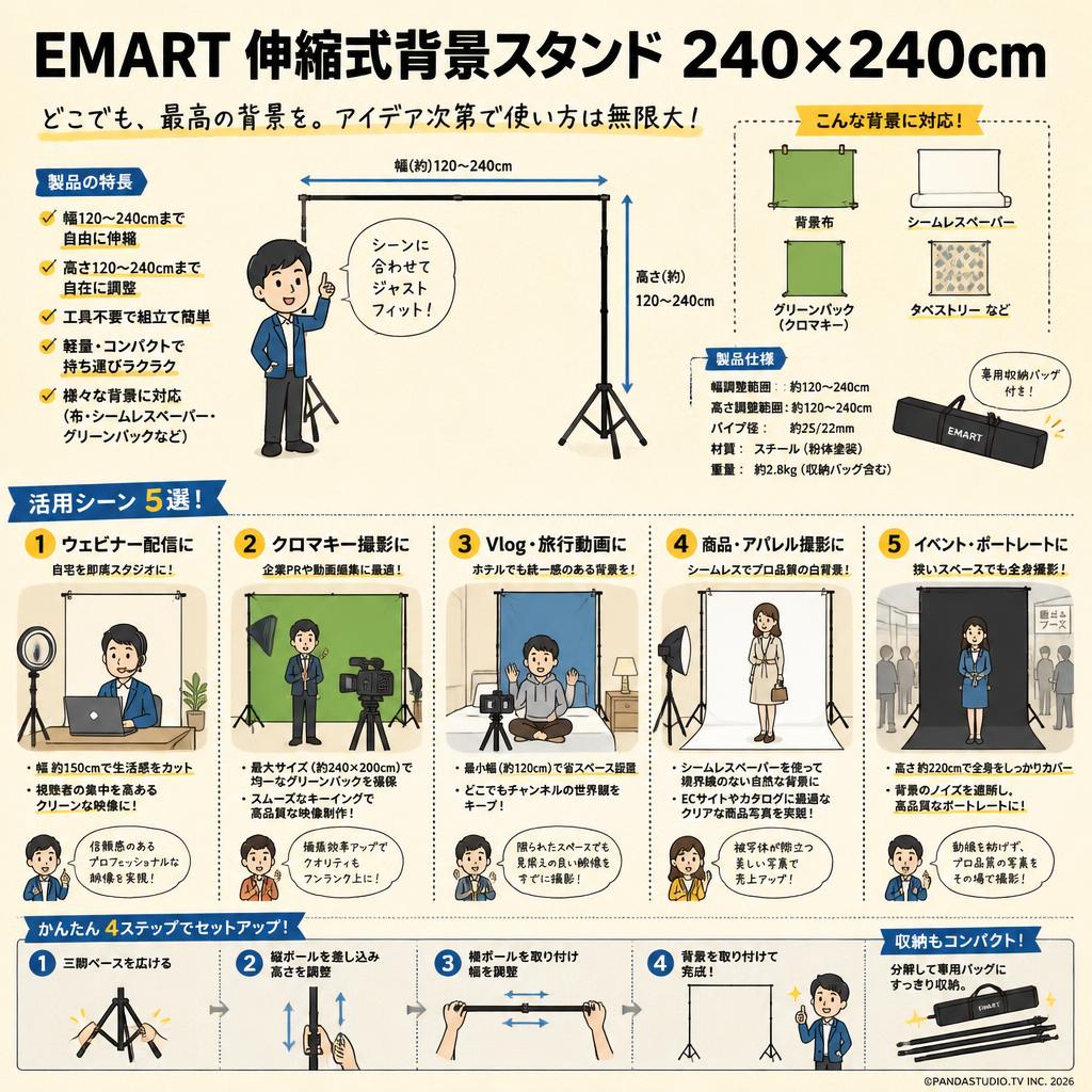 EMART  伸縮式背景スタンド 240×240cm 用途
